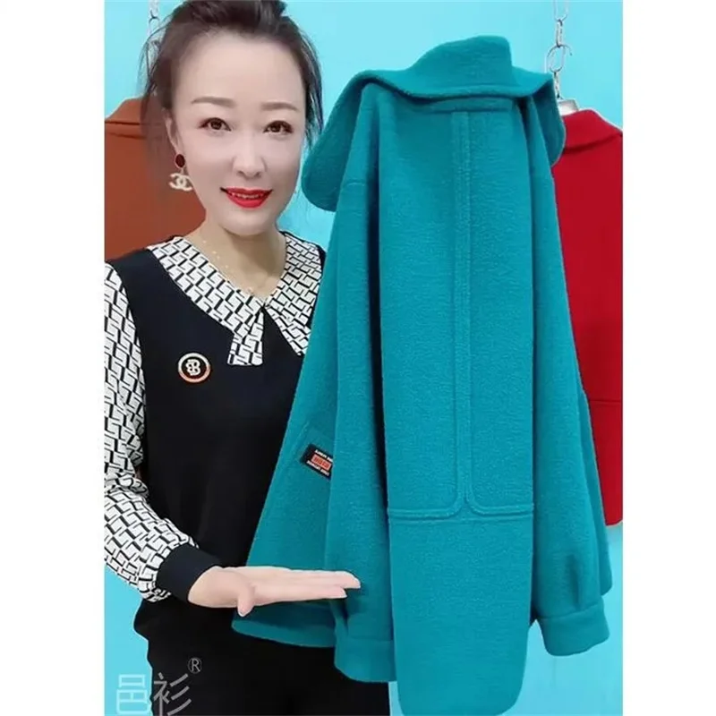 

5XL Large Size Women Faux Double-sided Woolen Coat Autumn New Middle Aged Female Korean Loose Mid-Long Horn Button Wool Outwear