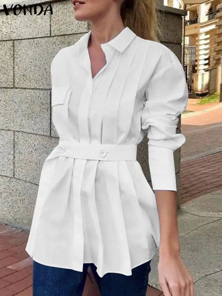 

VONDA Women Tops Elegant Shirts 2024 Fashion Long Sleeve Belted Tunic Lapel Pleated Buttons Casual Blouse Solid Blusas Femininas