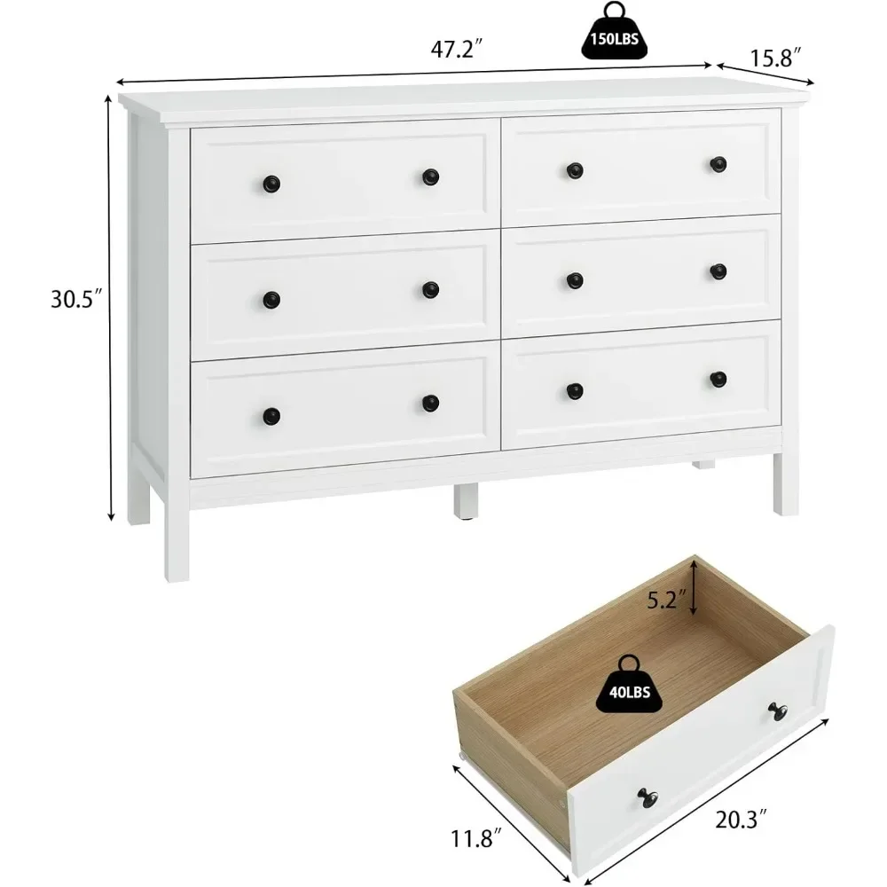 6 Drawer Dresser, Wide Drawer and Metal Handles, Wood Dressers & Chests of Drawers for Hallway, Entryway, Bedroom Dressers