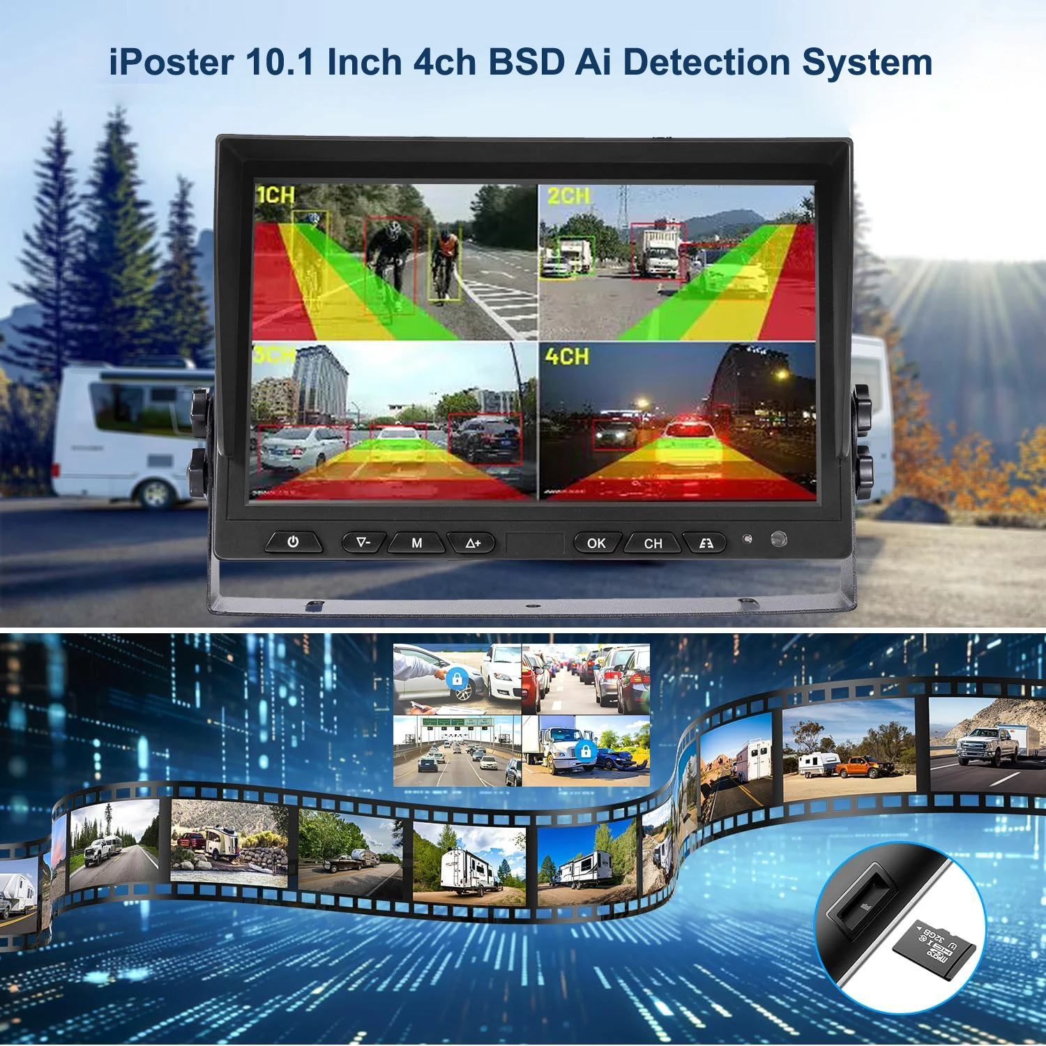 10.1 Inch Split DVR Monitor 4 Channel Video Recorder Bsd Blind Spot Camera Monitoring System For Forklift Truck Tanker Trailer