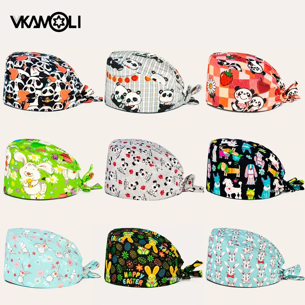 Women and men Cartoon anime printed scrubs cap Pet center work skull cap Pet shop cap cotton lab hat nurse uniform