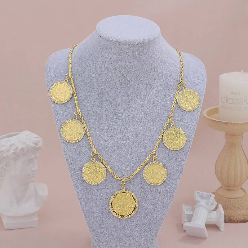 

Regal Golden Coin Necklace Ornate Engraved Coins with Crystal Embellishments Royal Middle Eastern Jewelry For Brides