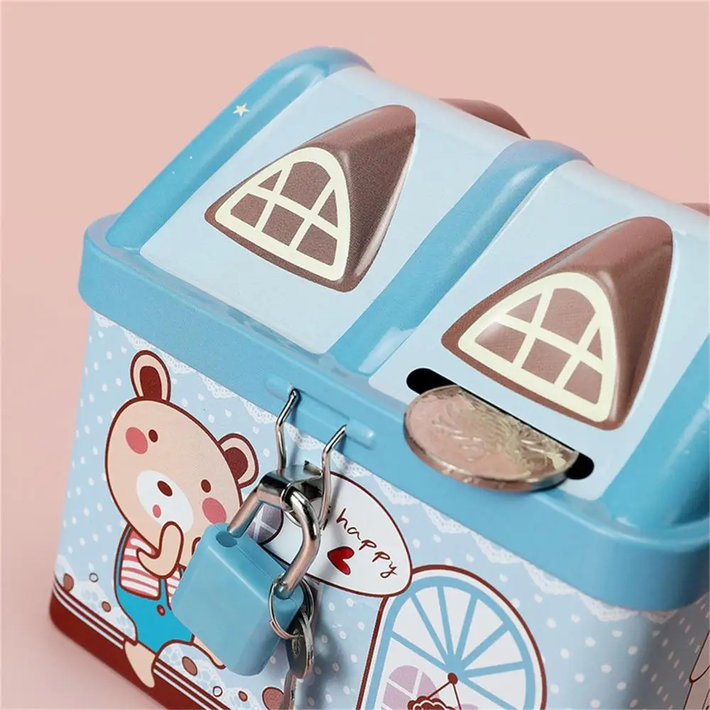 Durable Tinplate Piggy Bank Cartoon House Money Box Cute Child Safe Storage Box Creative Key Lock Coin Saving Bank Gifts