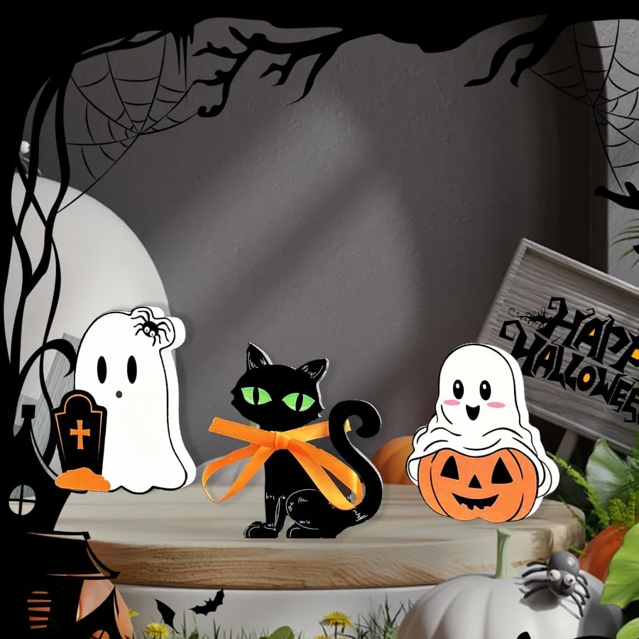 Cute Ghost Halloween Decorations Wood Indoor Set of 3 Spooky Black Cat Wooden Tiered Tray Decor Blocks Plank Signs for Indoor P