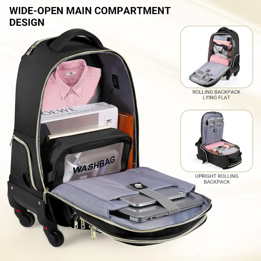 حقيبة ظهر ستار كلاود رولينج للنساء مقاس 21 بوصة × 14 بوصة × 9 بوصة حقيبة ظهر للسفر بسعة 45 لتر مع عجلات ومنافذ شحن USB ونوع C تناسب 17.3 بوصة عرض #4