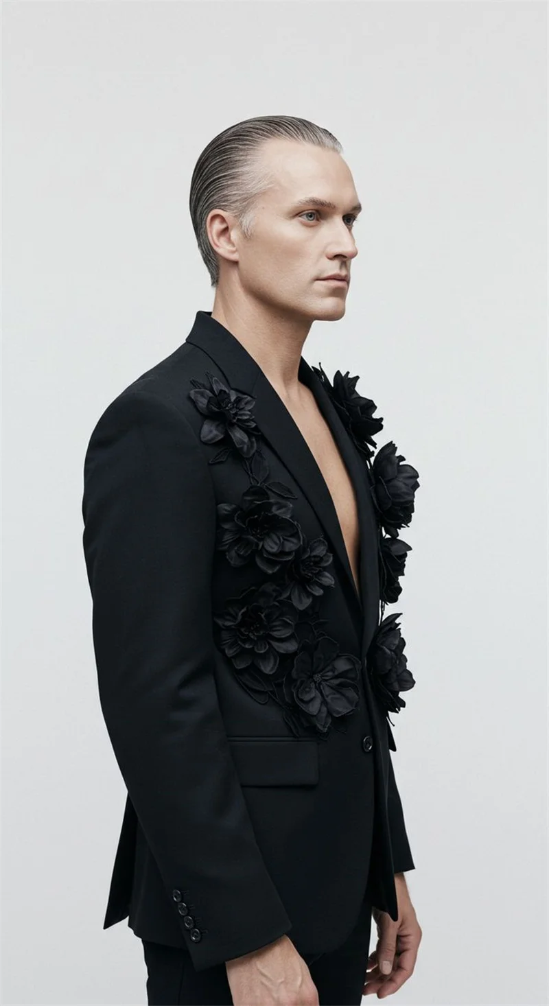 

Black Men Suits Set 2 Piece Blazer+Pant Cotton Business Wedding Tuxedo 3D Flower Customized Formal Office Jacket Trousers