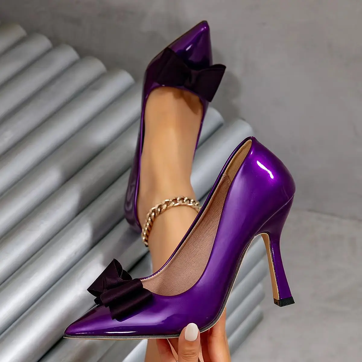 

Bloomsteps Women's Thin Heel Pointed Toe High Heels in Purple Patent Leather with Bow, Elegant Women's Shoes