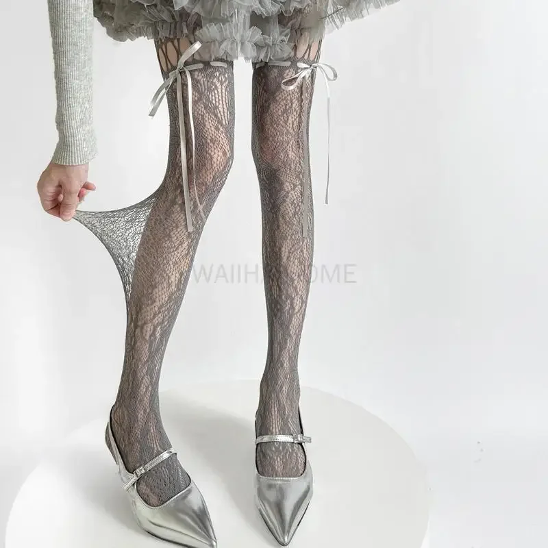 Y2k موضة القوطية زهرة الجوف خارج مثير جوارب طويلة النساء شبكة صيد السمك ربطة القوس فيونكة Ins الساخن الفتيات JK الجوارب عالية مطاطا محب طماق #3