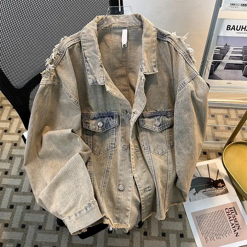 

Мужская джинсовая куртка Waed Distred Denim: весенне-осенняя, свободного кроя, с рваными элементами, в американском стиле, для создания эффектного образа, в стиле панк, модная верхняя одежда