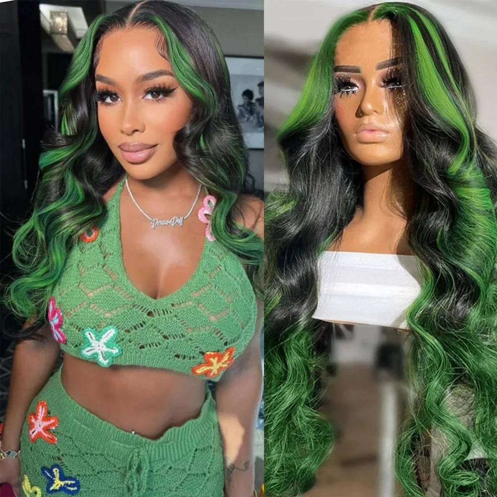

Black and Green Highlight 13X4 HD Lace Wig Body Wave Lace Frontal Wig Heat Resistant Synthetic Lace Front Wig Daily Wear Cosplay