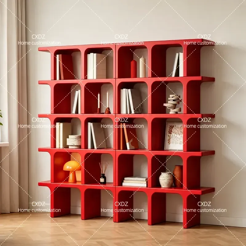 Modern Simple Red Arched Bookshelf Multi Layer Storage Shelf Floor Standing Bookcase for Living Room Home Office Organization