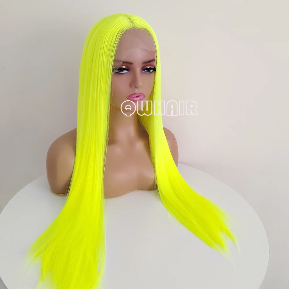 QW Synthetic Hair Yellow Straight 13X4 Lace Front Wigs for Women  Frontal Wigs  Glueless Heat Resistant Fiber Party Cosplay