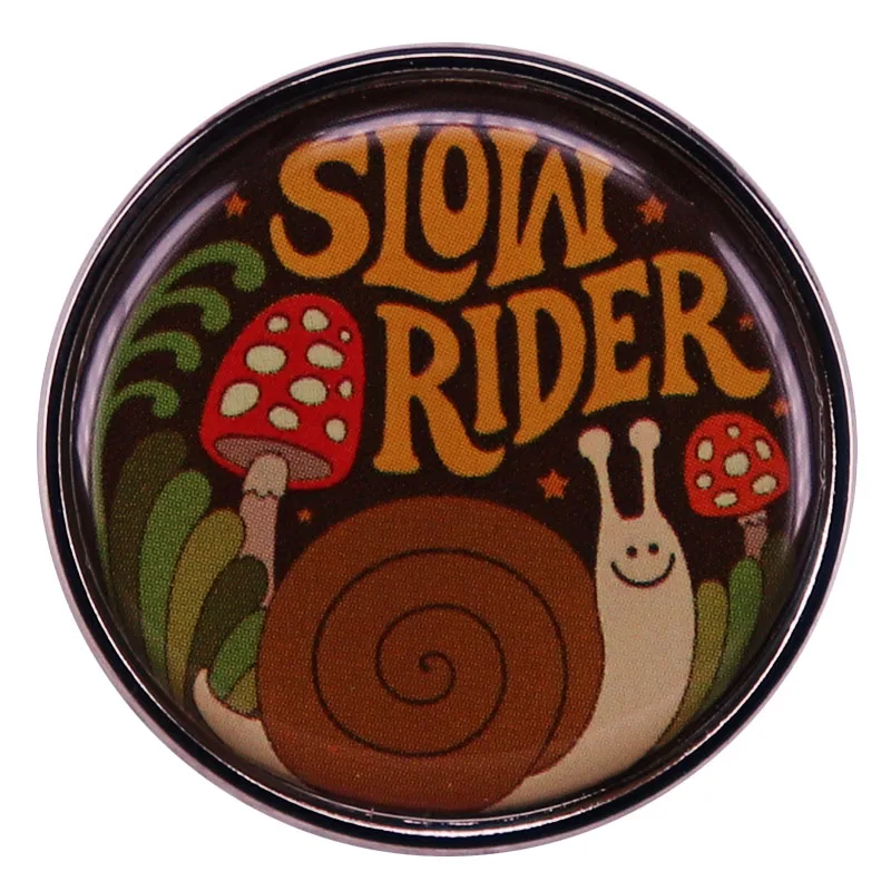 Slow Rider Snail Enamel Pin Mushroom Forest View Badge