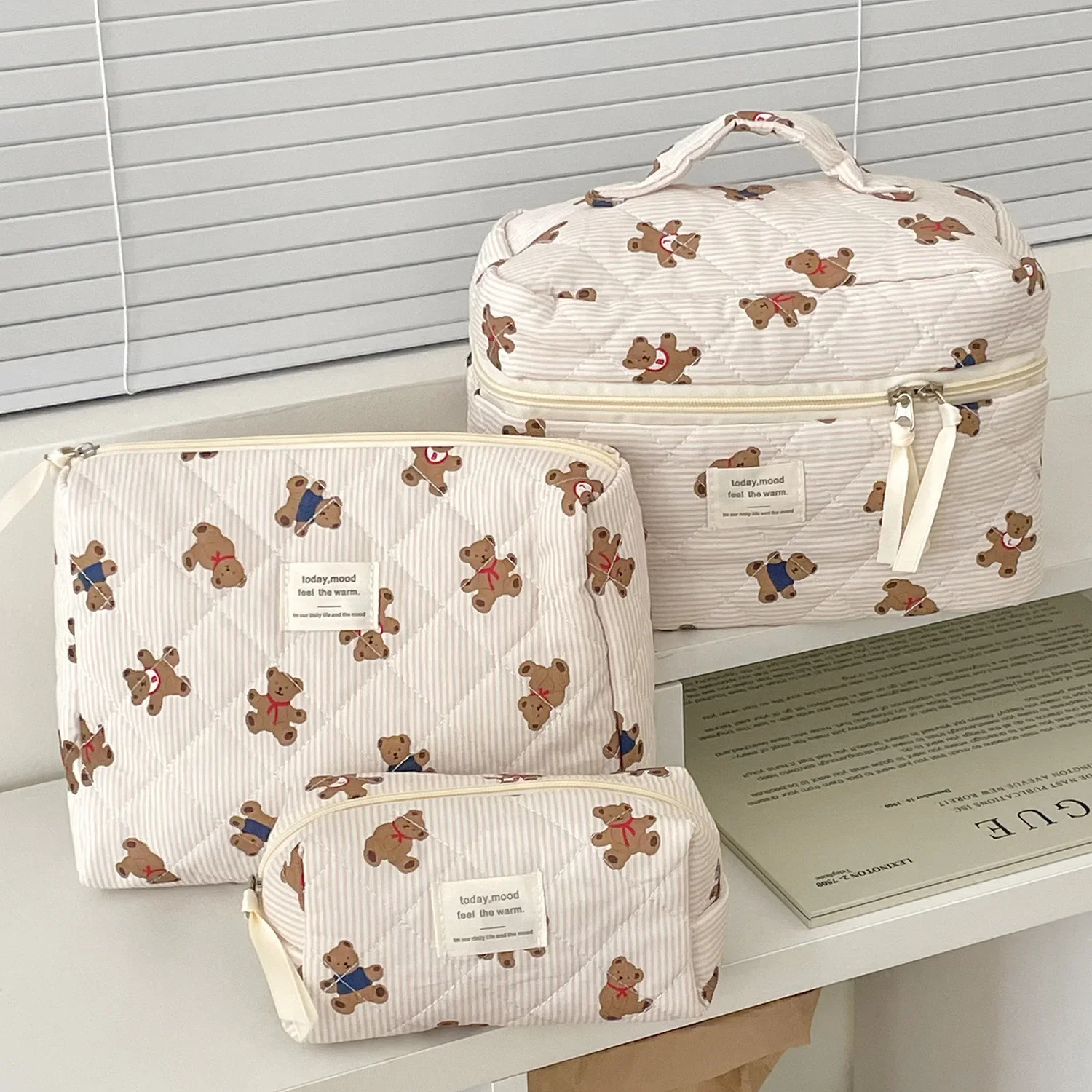 Portable Cartoon Bear Striped Makeup Bag Travel Organizer Cosmetic Storage Bag Skin Care Toiletry For Women