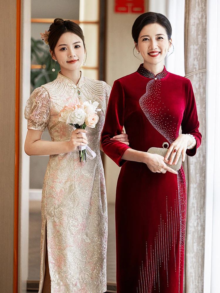 

New 2026 Wedding Dr Velvet Long for Mother of the Bride Autumn Winter Chinese Sle Wedding Ceremony Celebration