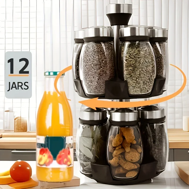 12-Jar Double Deck Rotary Spice Rack Organizer,Glass Countertop Spice Holder with Step Shelf,Reusable Labels&Funnels