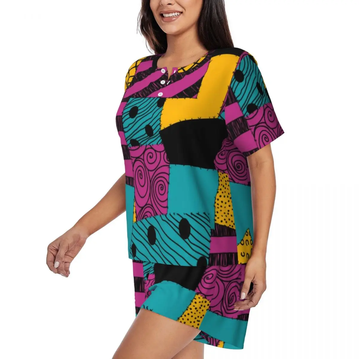 مخصص طباعة المرأة سالي دوول فستان منامة مجموعة قصيرة الأكمام تيم بيرتون هالوين الجمجمة 2 قطعة ملابس خاصة Pj صالة مجموعات #2