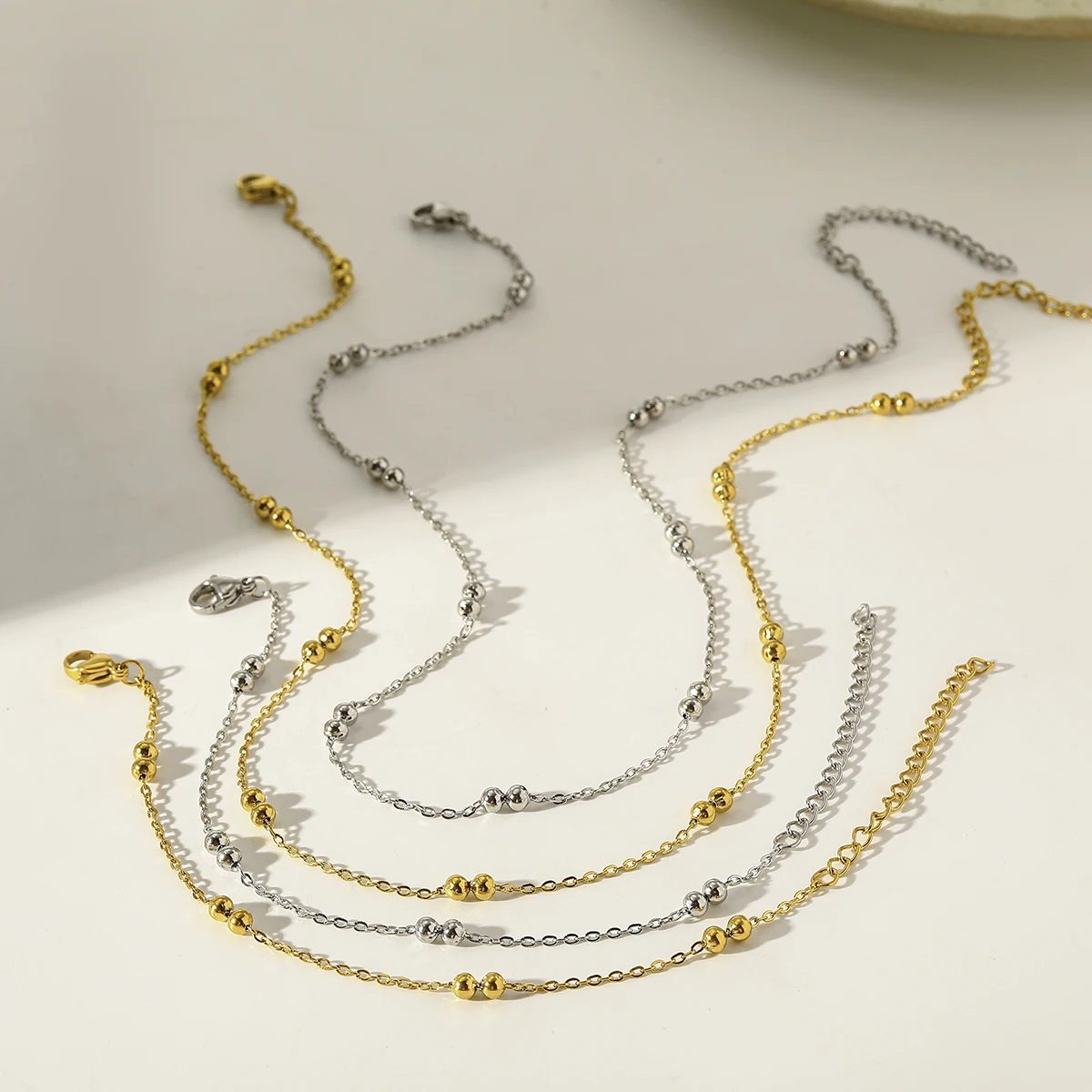 

Women's Gold Plated 316 Stainless Steel Necklace and Bracelet Set with Flat Double Beads Chain Fashion Jewelry Gifts for Wedding