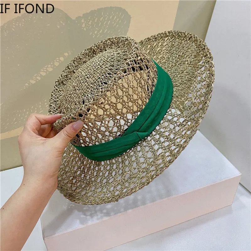 New Natural Grasses Straw Hats For Women Summer Flat Brim Beach Sun Hats Fashion Hollow Holiday Cap Chapeau Femme