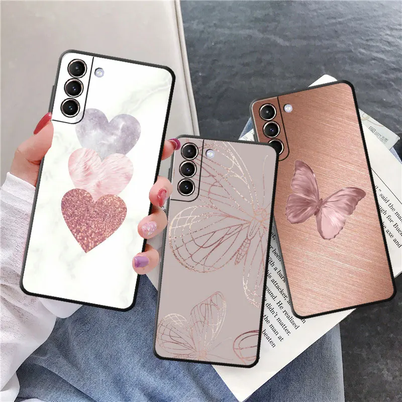 Etui do Samsung Galaxy S24 S23 S10e S8 S7 S10 S21 S21 Plus S22 Ultra 5G S20 FE S9 Soft Gold Pink Rose Glitter Hearts Cover — zdjęcie 7