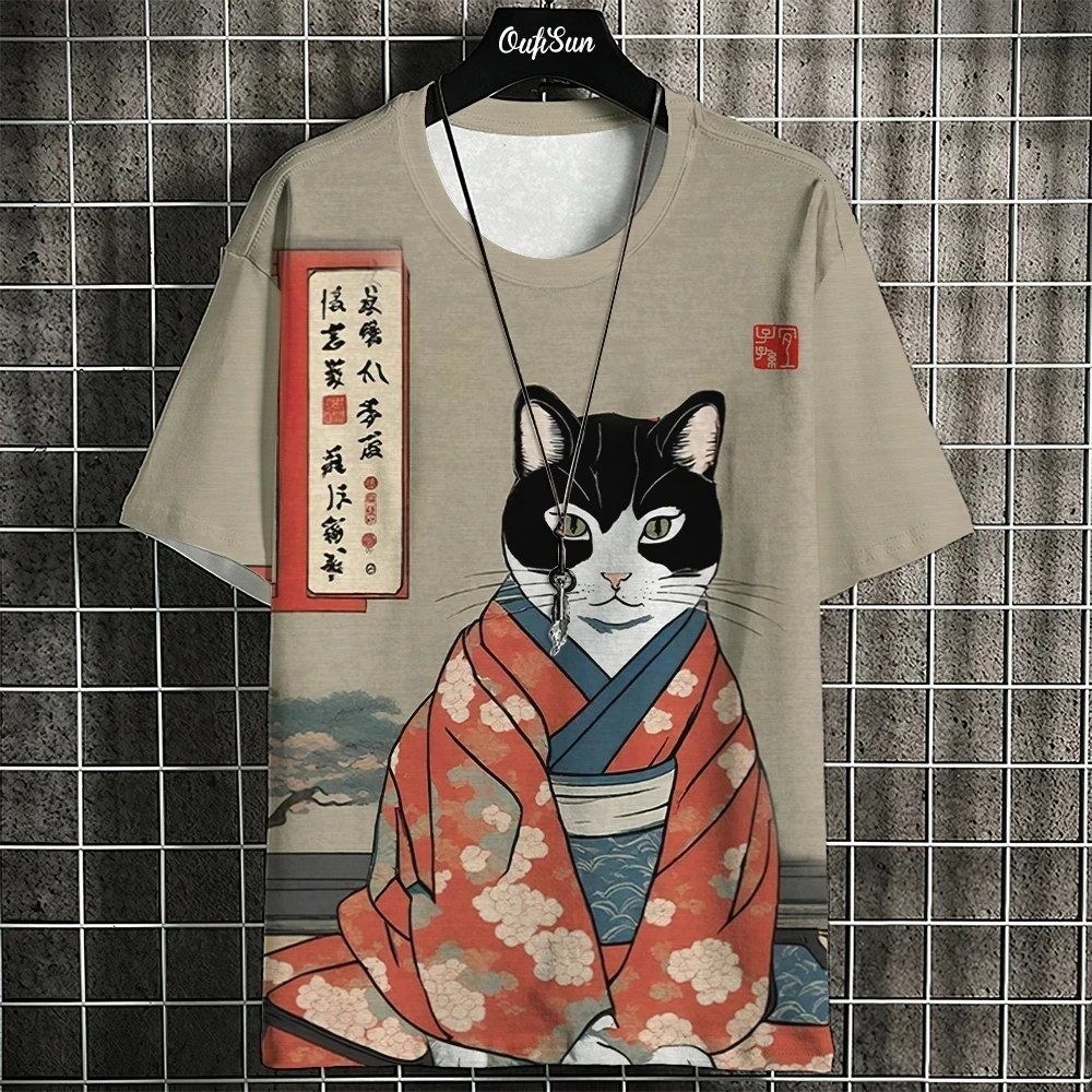 2024 T Shirt Men  Japanese Samurai Cat 3d Printed T Shirts For Casual Fashion Funny Shirt Top Tee Men Clothing