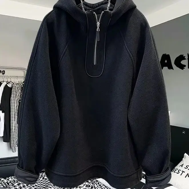 

High-end solid color hooded zipper sweatshirt men's autumn and winter large size casual loose breathable warm patchwork top