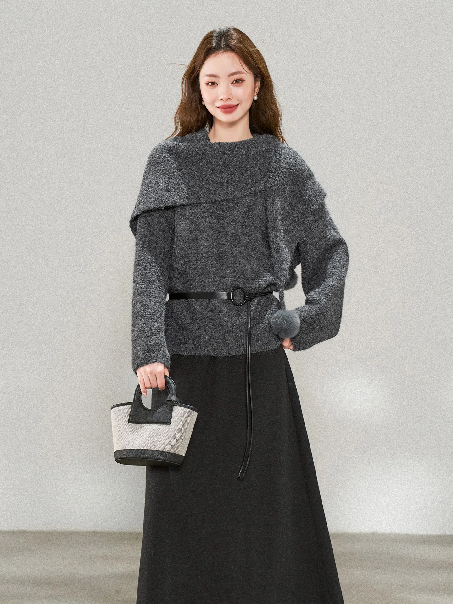 

Korean Sle Women's Knitted Sweater awl Tee-Piece Set High Waist Skirt Long Sve round Ne Warm Faionable Autumn Wi...