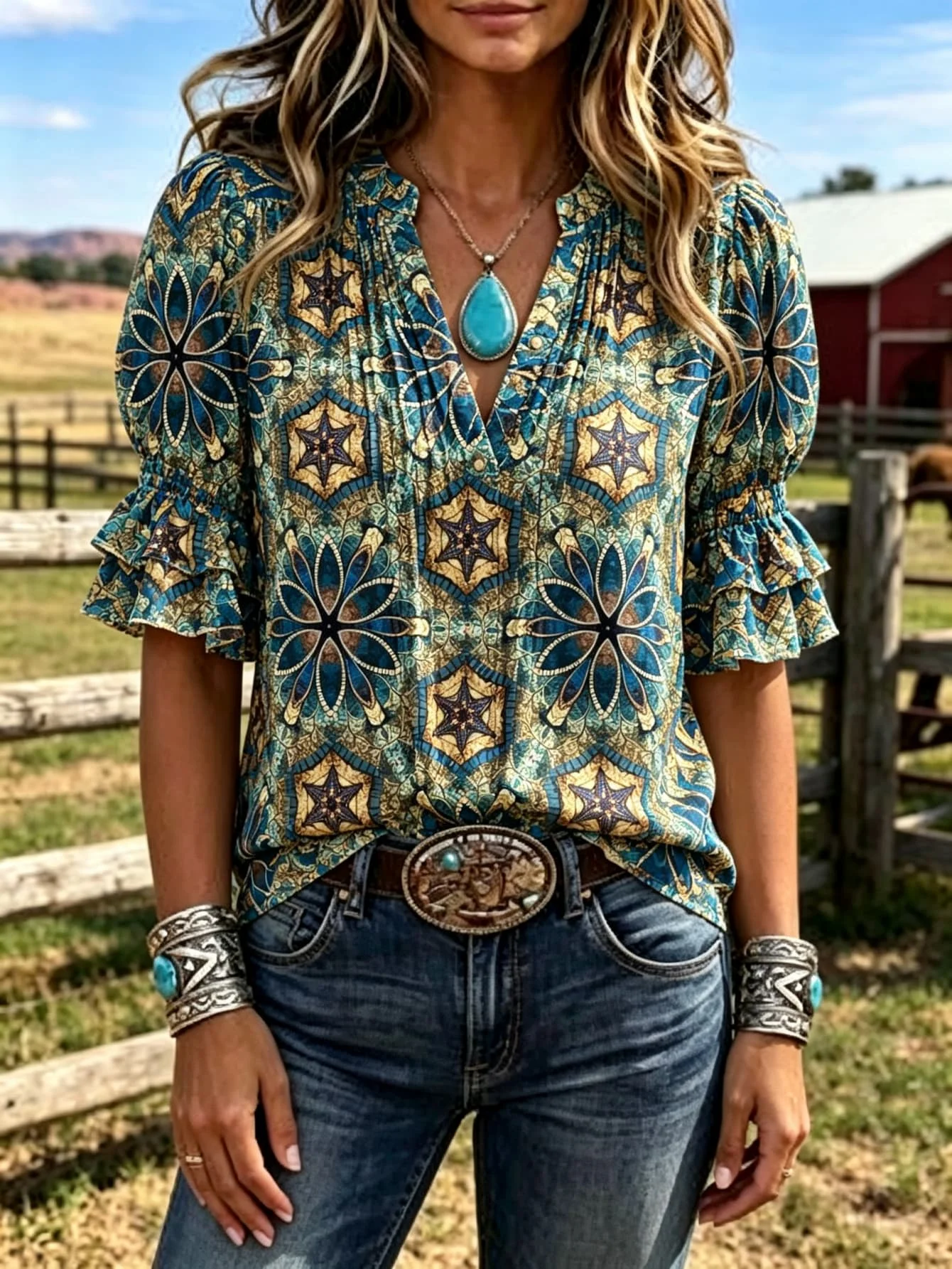 Women Dragonfly Leopard Floral Print Top Notched V‑Neck Double Ruffle Short Puff Sleeve Western Cowgirl Casual