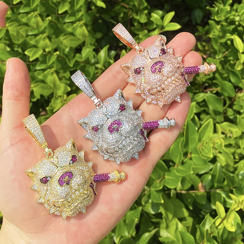 Hip Hop 5A+ CZ Stone Paved Bling Ice Out Cool Smoking Dog Pendants Necklaces for Men Rapper Jewelry Rose Gold Silver Color