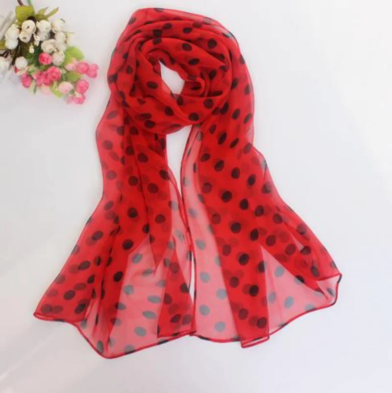 Spring and Autumn Georgette Polka Dot Scarves Bright Red Scarves Dot Scarves Women\'s Thin Chiffon Long Scarves Sunscreen Shawls