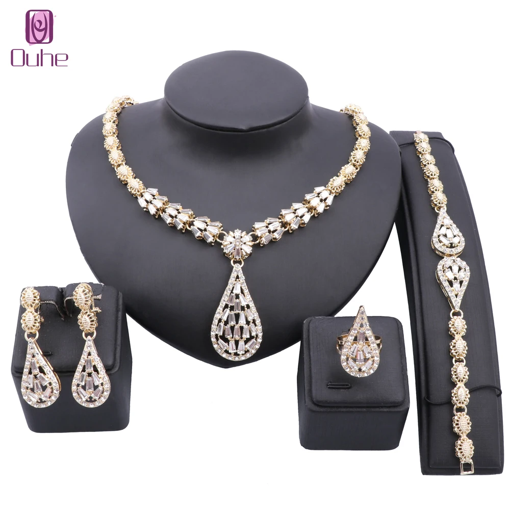 Italian Gold Color Jewelry Set Elegant Crystal Water Drop Necklace Earrings Ring Bracelet For Women Bride Party Accessories