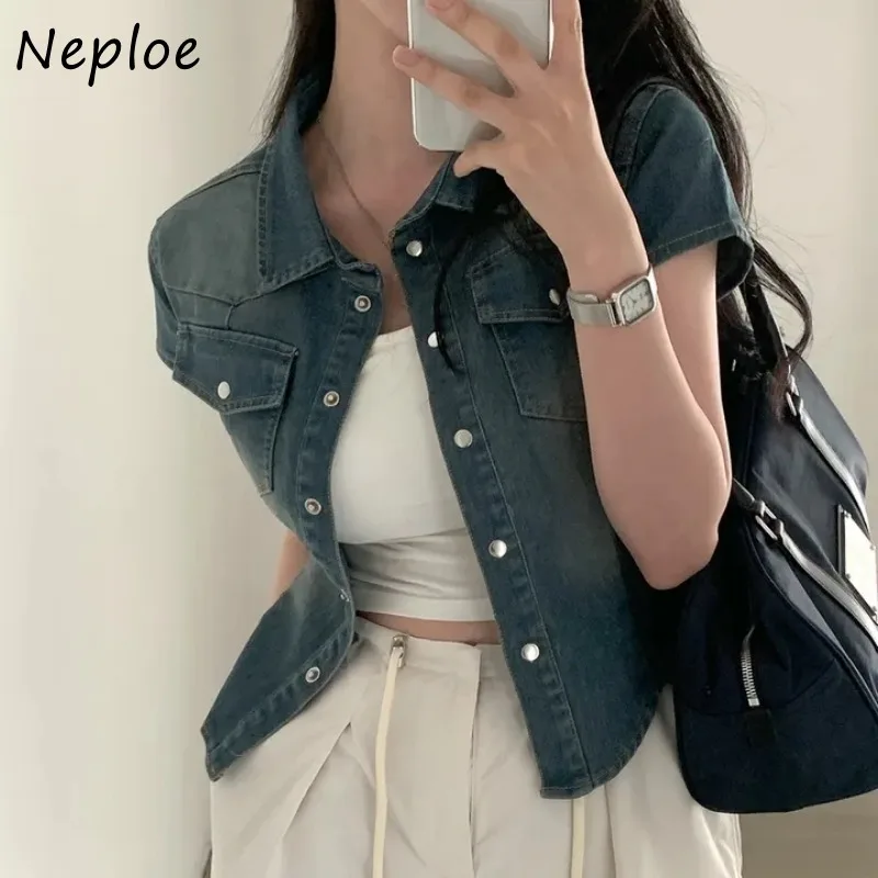 Neploe Fashion Vintage Lapel Neck Denim Shirts Coat Women 2025 Summer New Slim Fit Tops Mujer Y2k Short Sleeve Jean Jackets