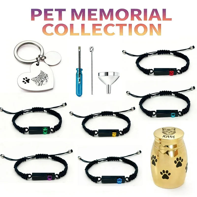

Custom Photo Engraved Pet Memorial Set Personalized Keychain & Birthstone Urn Bracelet with Custom Pet Ashes Urn Keepsake
