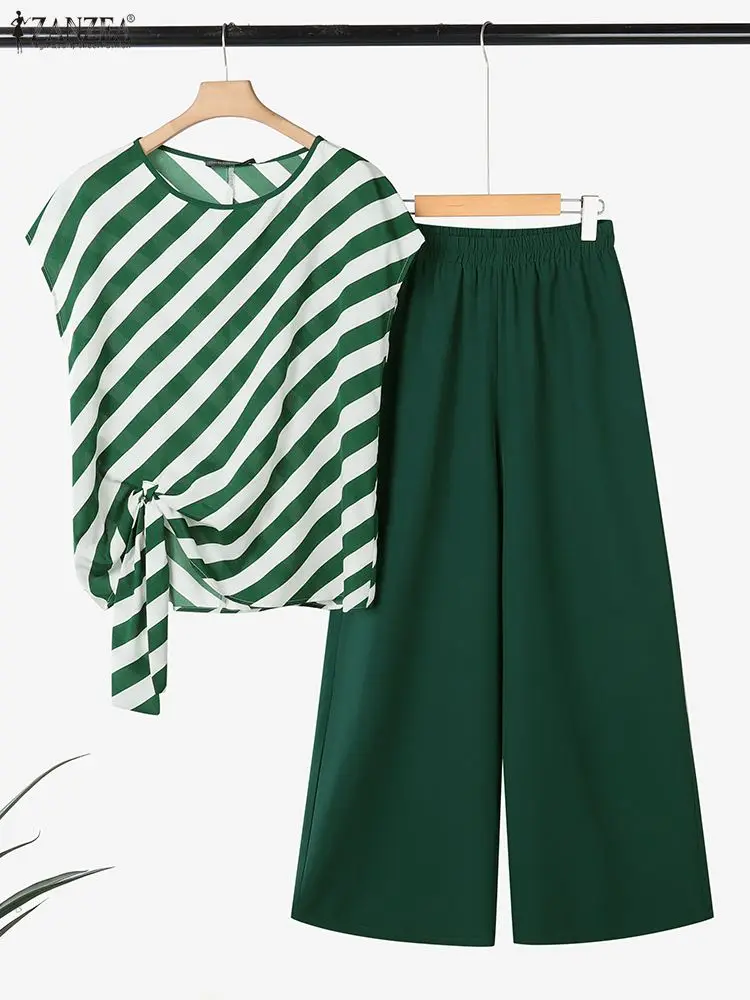 ZANZEA أزياء النساء 2 قطعة ملابس الصيف قصيرة الأكمام مخطط القمم مرونة الخصر بنطال ذو قصة أرجل واسعة عارضة بانت مجموعات أنيقة 2 قطعة #1