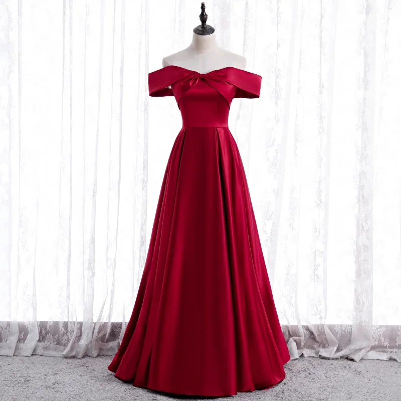 

Вечернее платье по индивидуальному заказу, бордовое атласное платье длиной до пола, со складками на плечах, трапециевидной формы, вечернее вечернее платье больших размеров, женское B1134