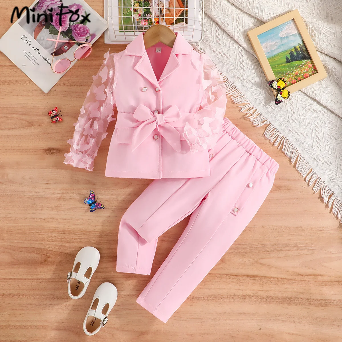 MiniFox Kids Clothes Girls Blazer Outfit Sets Butterfly Sleeve Blazer Top and Beading Pants and Summer Suit Set For Girls