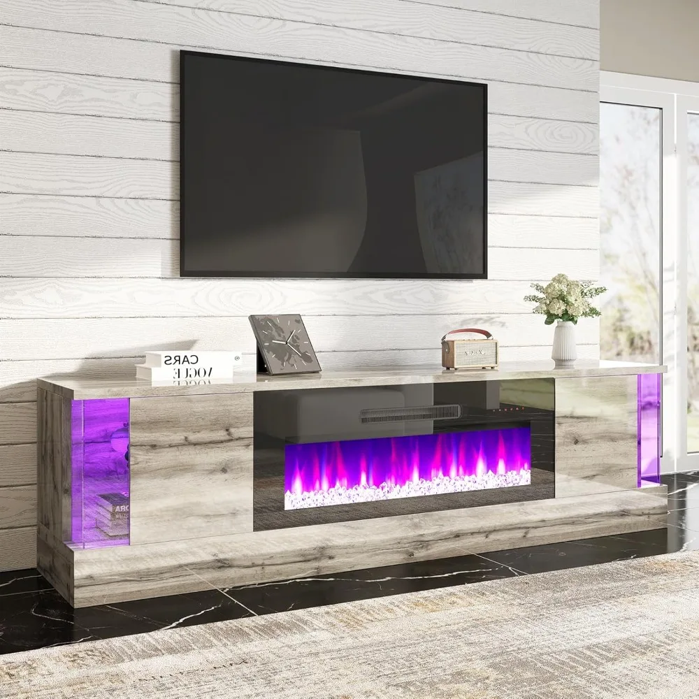 

Glossy Oak Fireplace TV Stand with 36" Fireplace, 70" LED Lights Center Modern Console Table for TVs up to 80", Gray TV Mounts