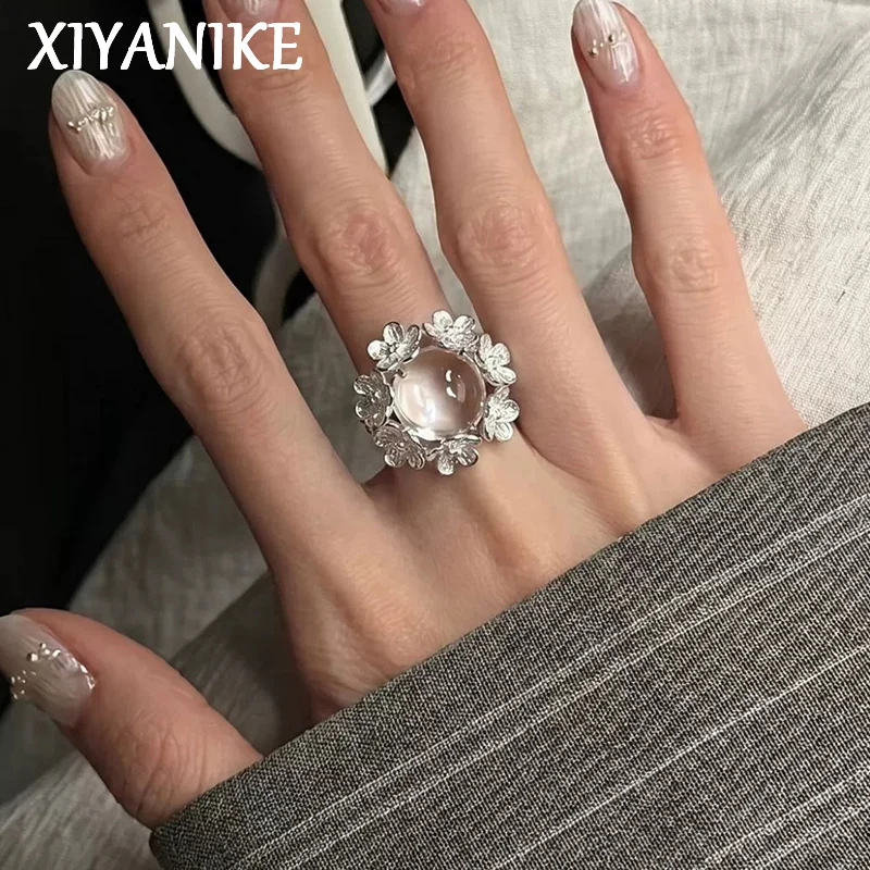 XIYANIKE Lace Flower White Crystal Adjustable Finger Rings For Women Girl Fashion New Trendy Jewelry Gift Party Wedding кольца