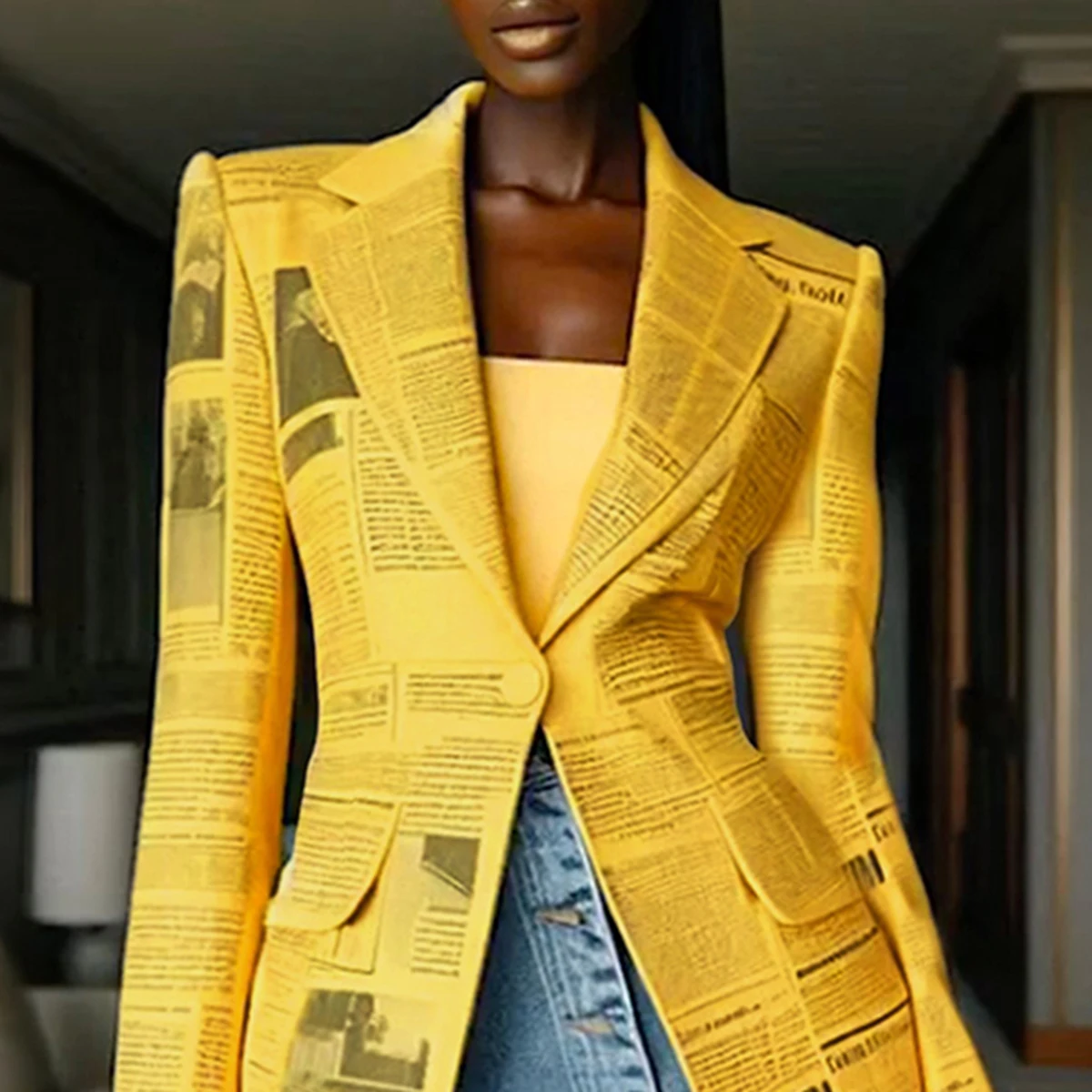 2026 New Spring Women Trendy Newspaper Printed Notched Lapel Blazer Jacket Long Sleeves Loose Fit Street Style Y2K Outerwears view 2