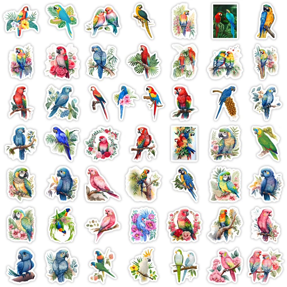 Watercolor Parrot Stickers Colorful Bird DIY for Laptop Skateboard Luggage Cup Bike Motorcycle Phone PVC Waterproof Child Toys