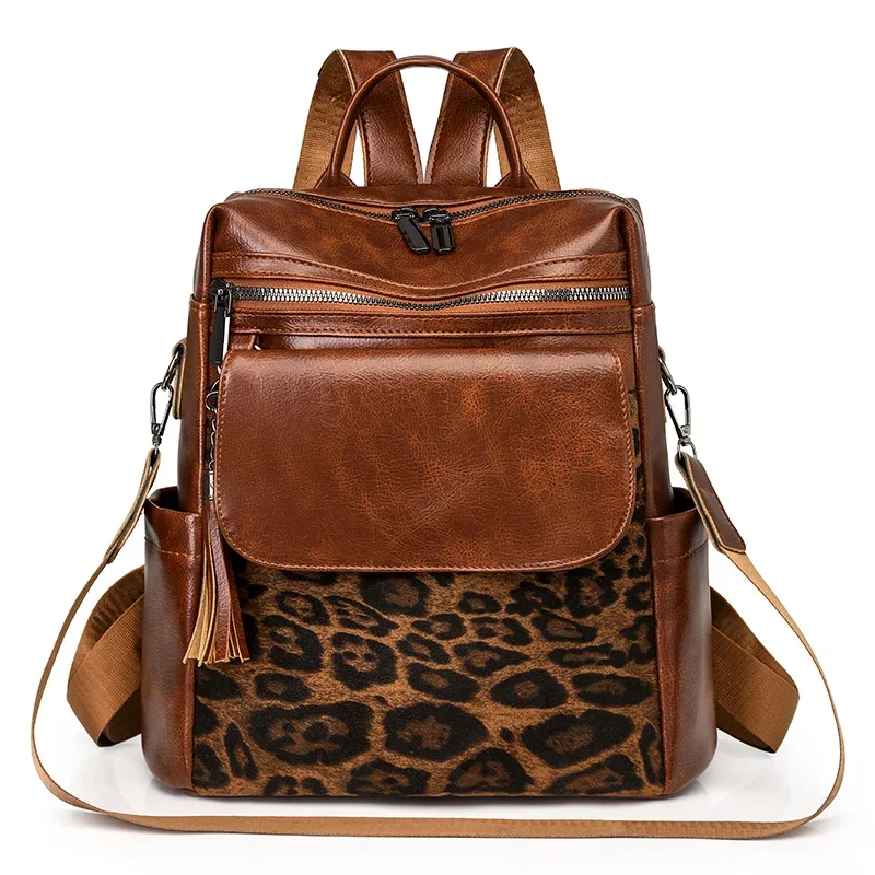 Leopard Print PU Leather Patchwork Design Women Large Capacity Shoulders Backpack Bag Lady Satchels Handle Travels Packsack Bag