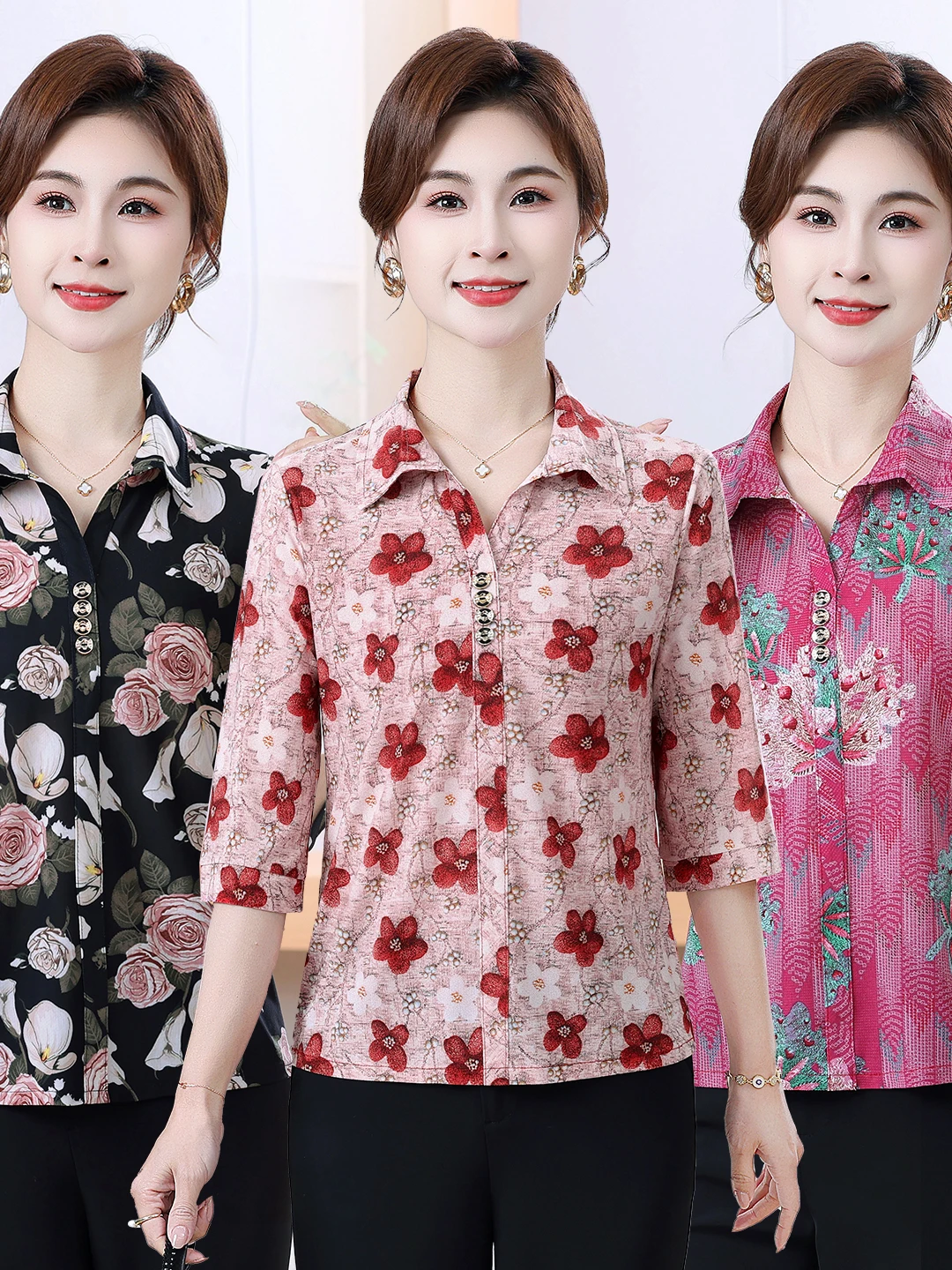 

Floral Print Short Sleeve Loose Fit Shirt Collared Mommy Style Top for Middle Aged And Elderly Women Breathable Lightweight P...