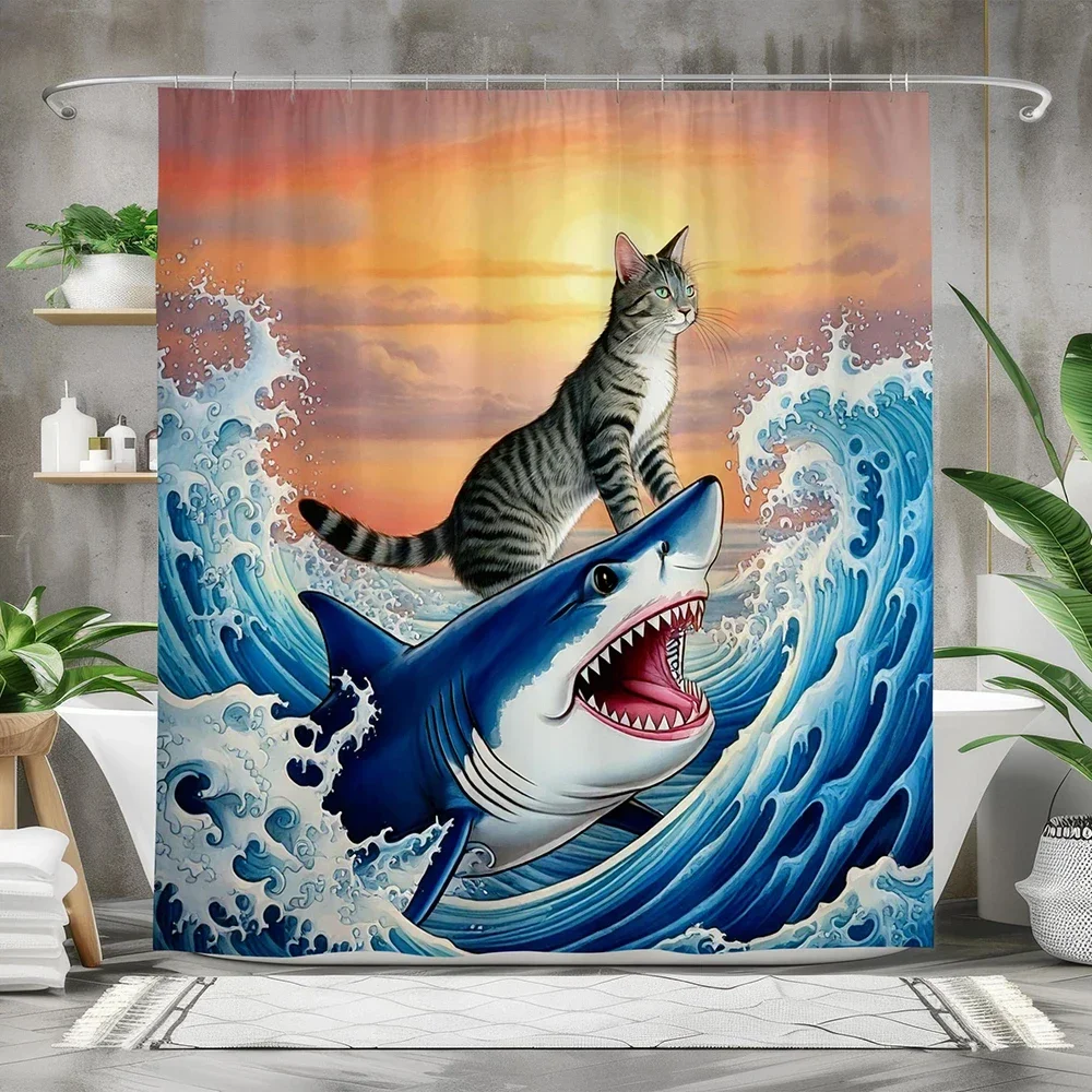 

Занавеска для душа с изображением кота и акулы, эпический дизайн с океанской волной, уникальный водонепроницаемый декор для ванной комнаты, забавная тема животного, синий, оранжевый