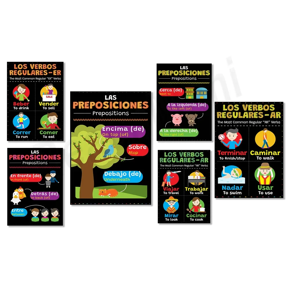 تحيات إسبانية، أوضاع إسبانية، وأفعال AR العادية الإسبانية الأكثر شيوعًا، وملصقات مرحبا وداعا إسبانية، وهدايا المعلم