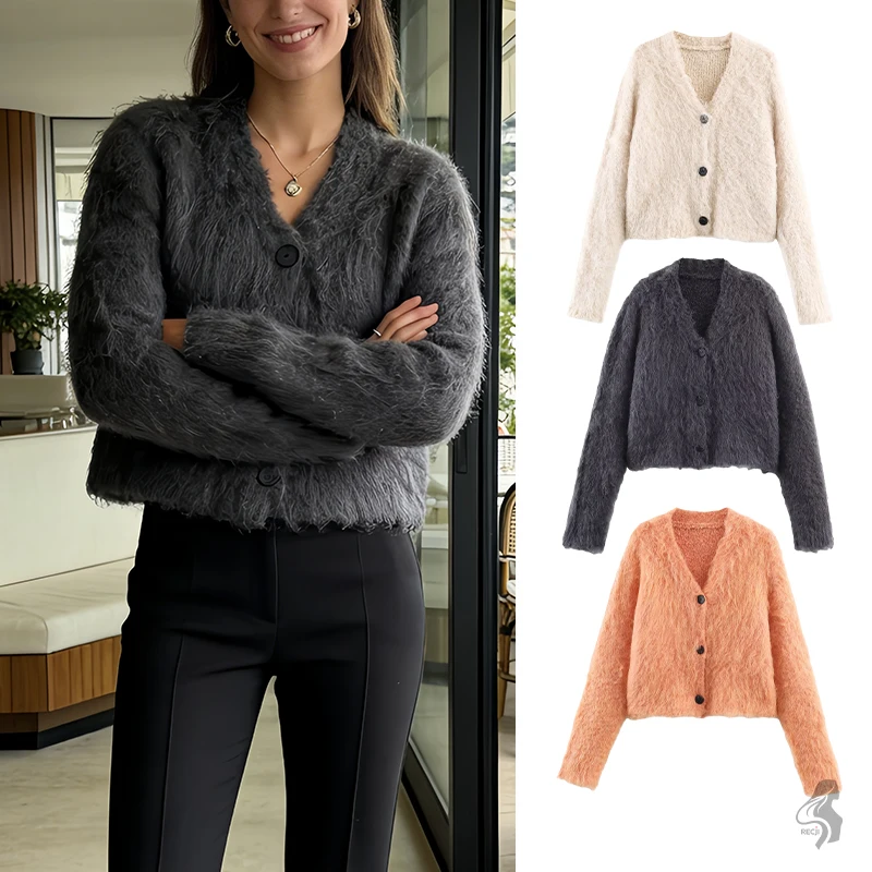 Woman Clothes Plush V Neck Cardigan For Women Single Row Black Buttons Short Length Soft And Casual Long Sleeve Top For Work