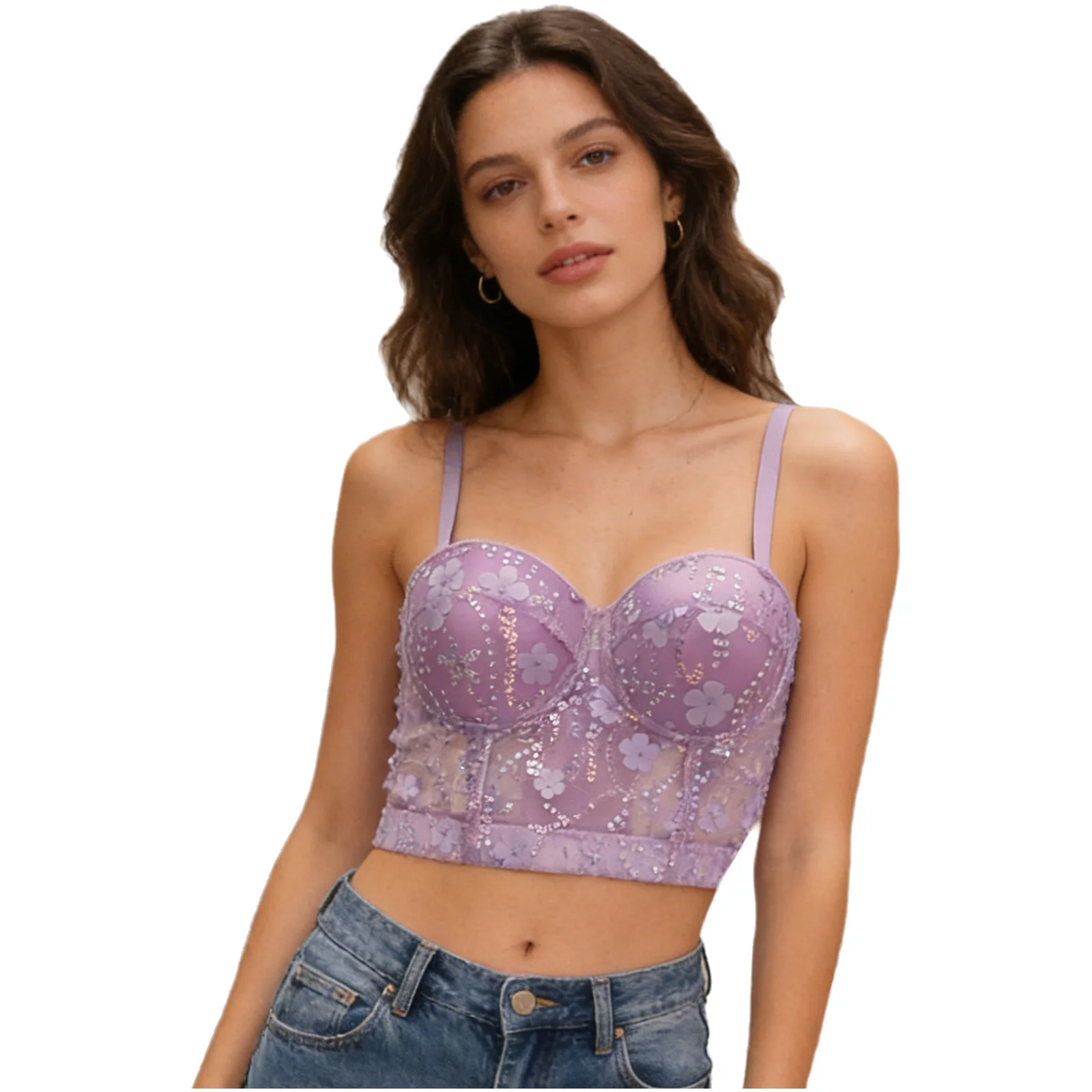 

Womens Appliques Shiny Sequins Bustier Push-up Cup with Underwire Adjustable Spaghetti Straps Sheer Mesh Corset Crop Top