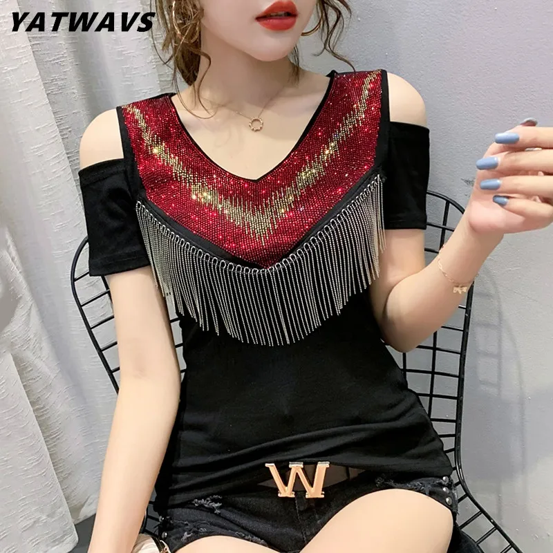 

New Fashion European Clothes T-Shirt Chic Sexy Off Shoulder Coloured Diamonds Tassel Women Tops Streetwear Gorgeous Ladies Tees