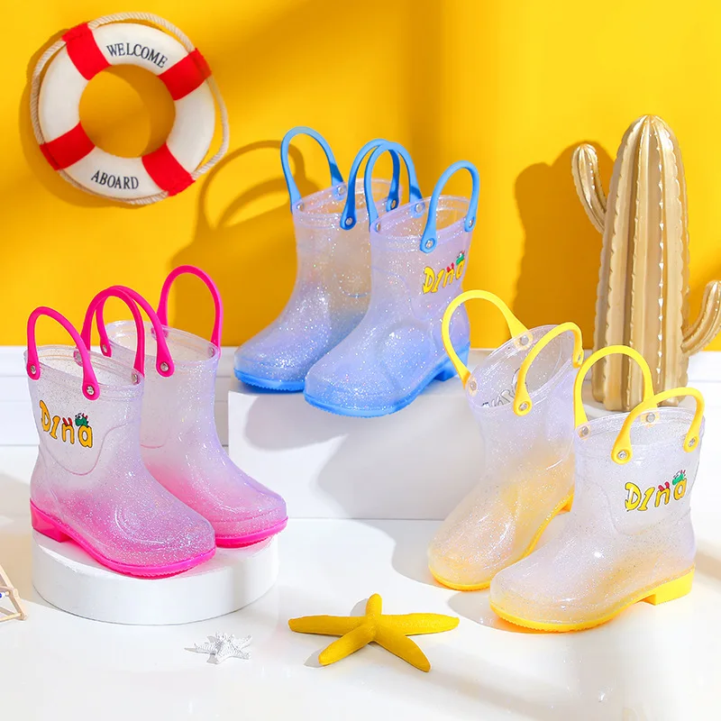 Unisex Children Shoe Waterproof Rain Boots with Easy Pull on Handles Perfect Lightweight Boots for Kids Transparent Rubber Boots