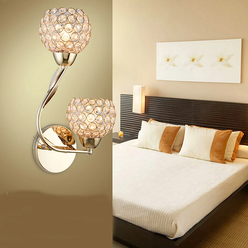 

Bedroom Power Wall Lamp Golden Crystal Double Flower Shape Chrome Metal Glass Clear Transparent Unique Home Decor Lighting