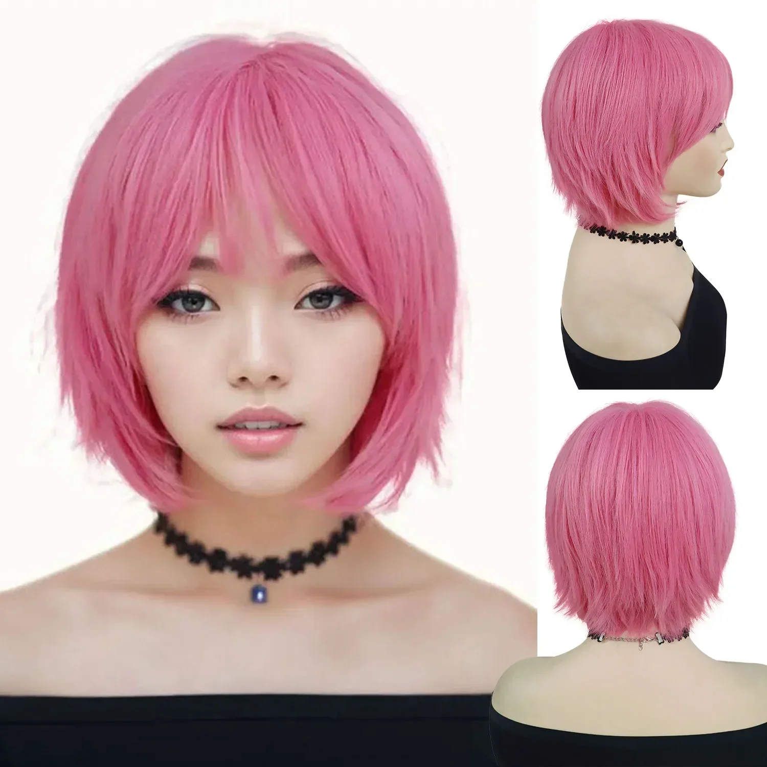 Korte roze pruiken voor vrouwen synthetisch haar cosplay pruik met pony rechte anime film kostuum partij halloween pruik drag queen